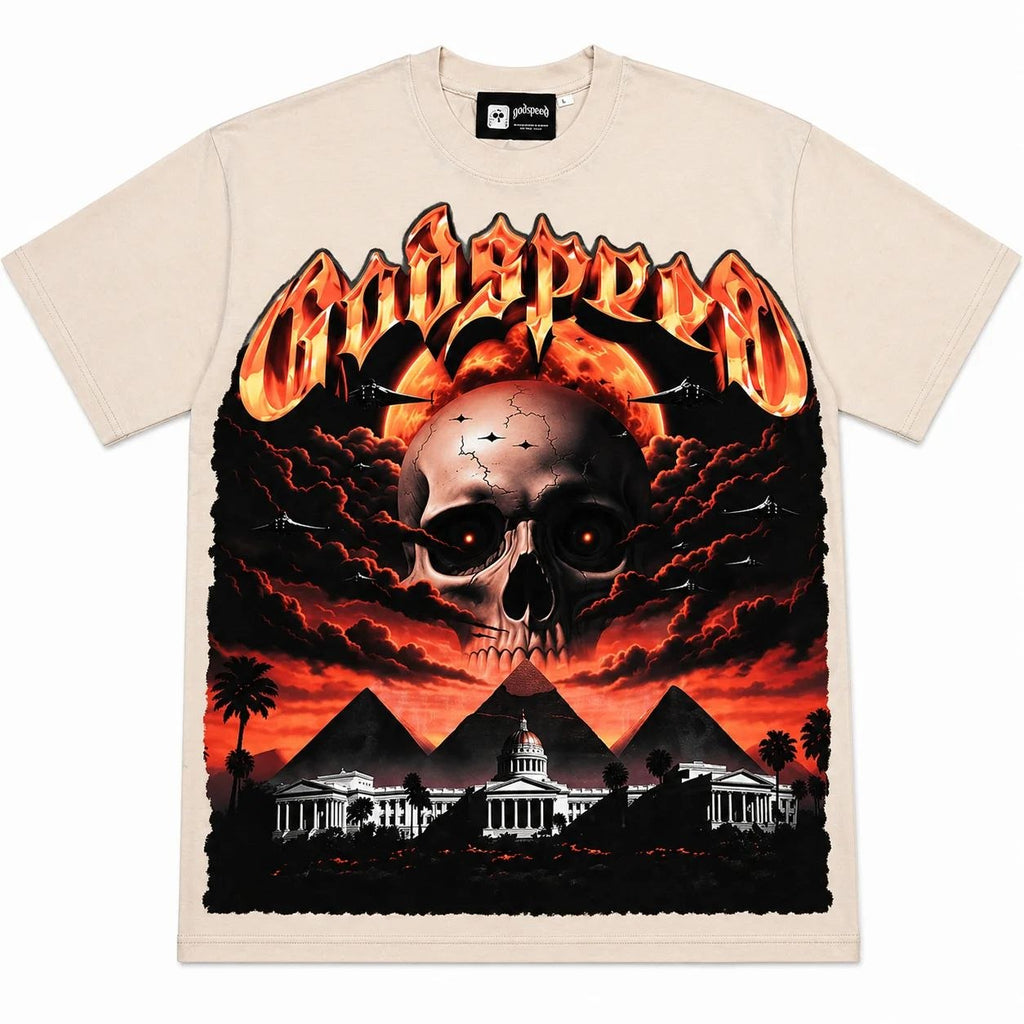 Godspeed Flame Logo & Skull Pyramid Graphic T-Shirt Beige