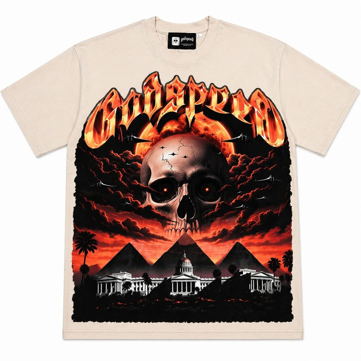 Godspeed Flame Logo & Skull Pyramid Graphic T-Shirt Beige