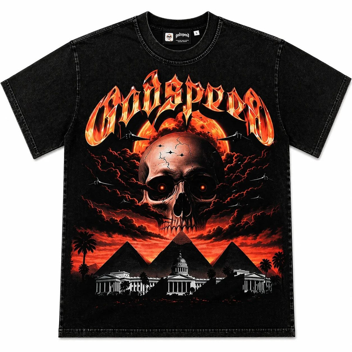 Godspeed Flame Logo & Skull Pyramid Graphic T-Shirt Black