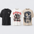 Three Godspeed Essential Trio T-shirts: GS Logo Black, Racing Skull White, Cosmic Walk Beige