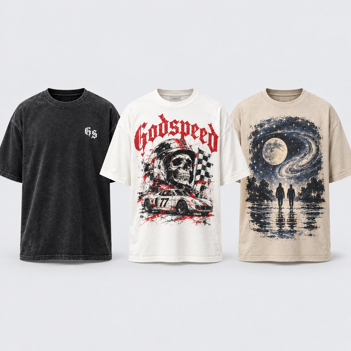 Three Godspeed Essential Trio T-shirts: GS Logo Black, Racing Skull White, Cosmic Walk Beige