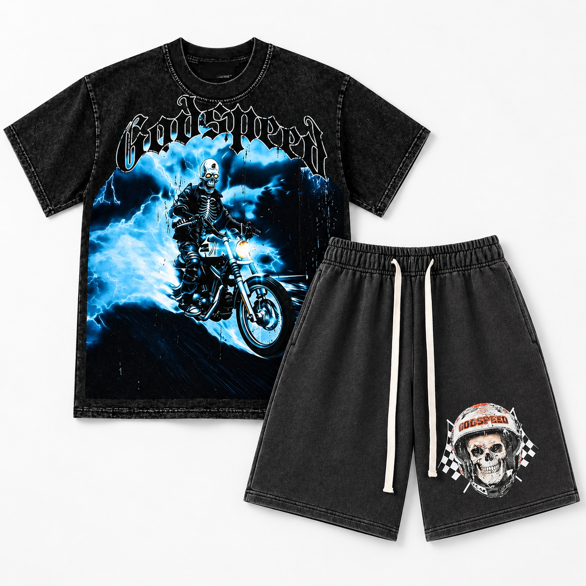 Godspeed Skeleton Rider Black T-Shirt and Skull Rider Black Shorts — both pieces included in the set
