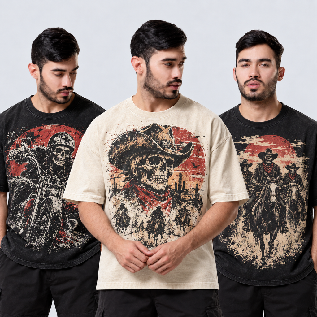 Male models wearing the three shirts in the Godspeed Skull Collection 3-Pack